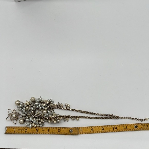 Vintage Star Pendant Cluster Bead Faux Pearl Bib Necklace Gold Tone Chain - Picture 6 of 8
